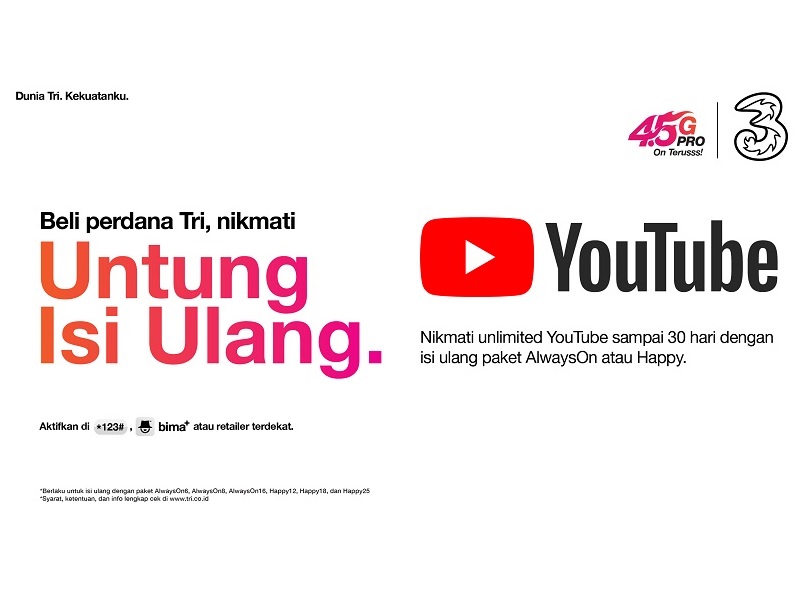 3 Indonesia hadirkan kuota unlimited YouTube
