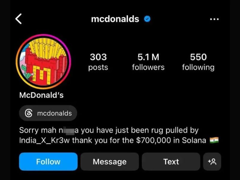 Akun resmi Instagram McDonald’s diretas untuk promosi penipuan kripto