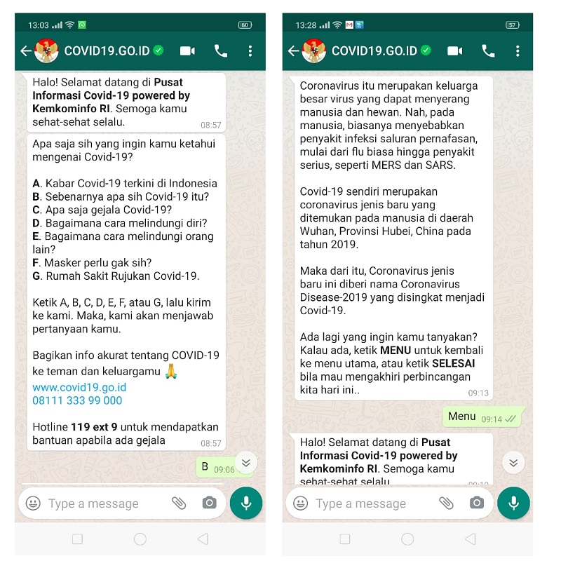 tampilan chatbot Covid-19