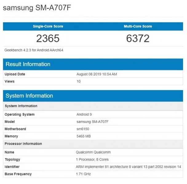 Ini adalah hasil pengujian Geekbench dari Samsung Galaxy A70s