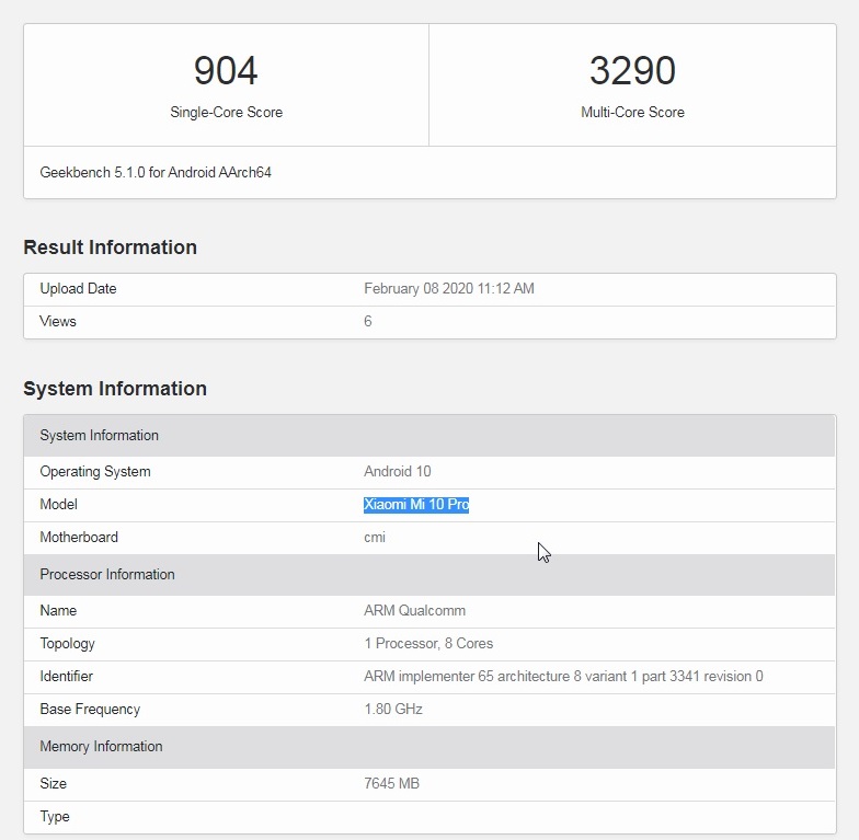 Ini adalah gambar Geekbench dari Xiaomi Mi 10 Pro