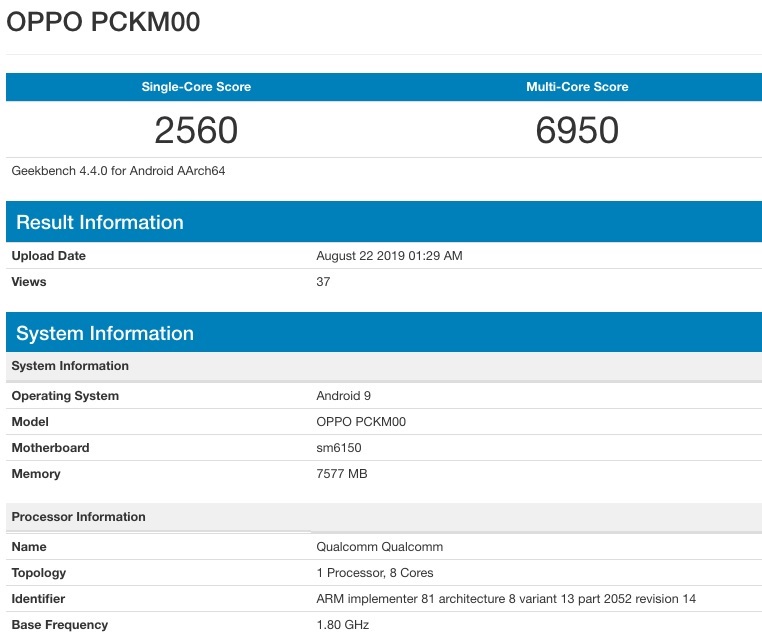 Ini adalah hasil Geekbench untuk Oppo Reno 2