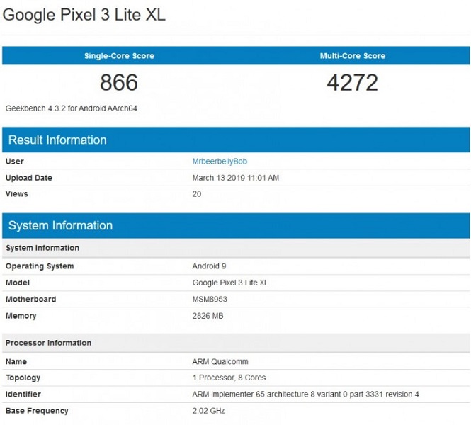 Ini adalah hasil benchmark dari Google Pixel 3 Lite XL mendatang.