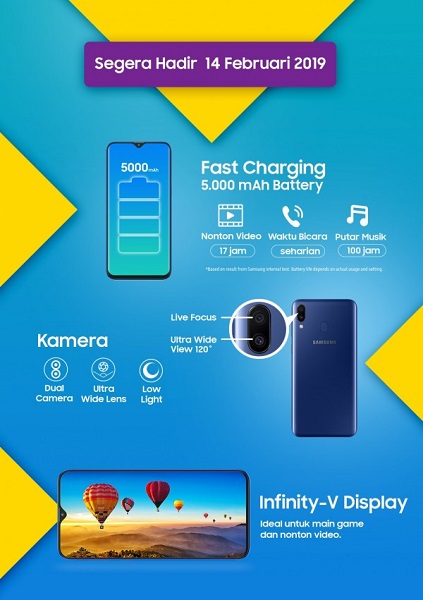 Ini adalah gambar poster untuk Samsung Galaxy M20 yang akan hadir di Indonesia