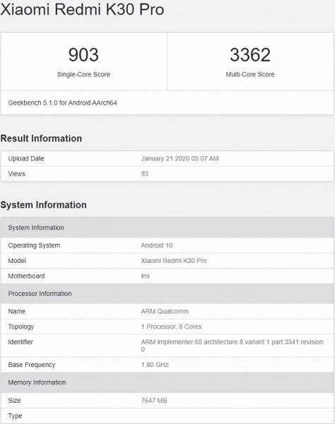 Ini adalah hasil Geekbench untuk Redmi K30 Pro