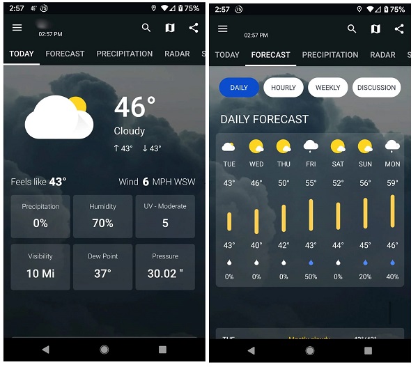 Tampilan aplikasi 1weather