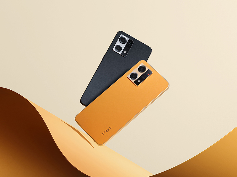 OPPO Reno7 memperkenalkan desain Ultra-Slim Retro Design dengan dua pilihan warna yakni Sunset Orange dan Cosmic Black.