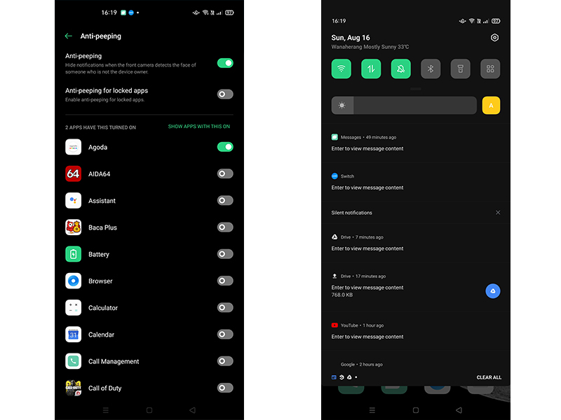 Oppo Anti-peeping dan tampilan ketika Smart Spying Prevention menyembunyikan isi notifikasi