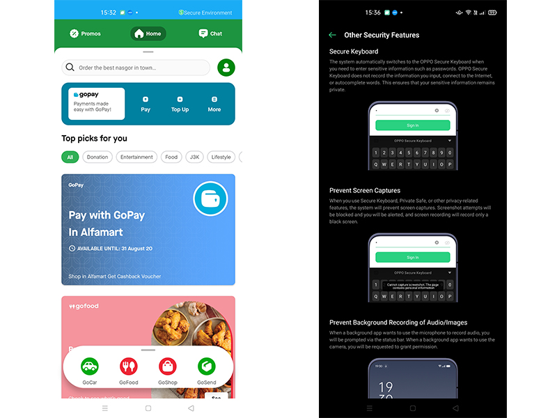 Oppo Payment Protection (kiri) Screen Keyboard, Prevent Screen Captures, Prevent Background Recording of Audio/Images (kanan)