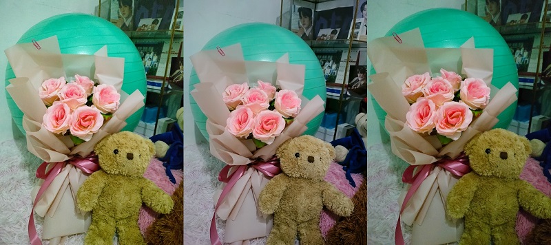 Keterangan: [gambar paling kiri] Cahaya redup tanpa mode malam, [gambar tengah] cahaya 50% lebih redup dengan mode malam, [foto paling kanan] cahaya 50% lebih redup tanpa mode malam.