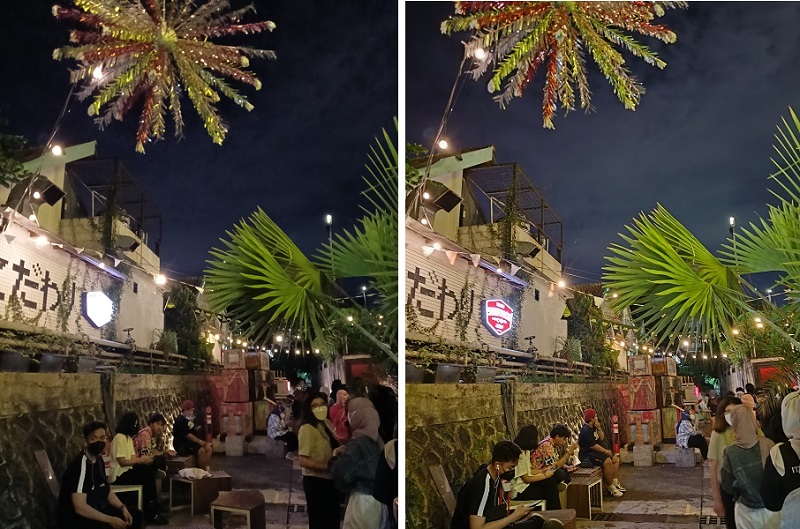 Perbandingan foto malam tanpa mode Night (kiri) dan dengan mode Night (kanan)