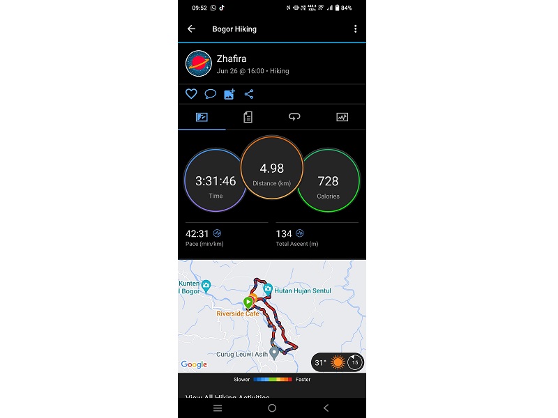 Tampilan pada aplikasi Garmin Connect