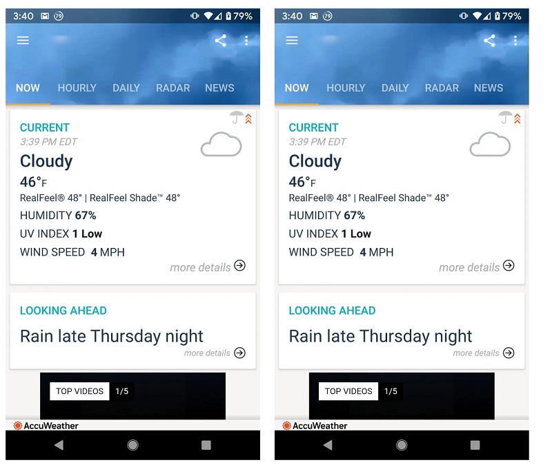 Tampilan aplikasi Accuweather