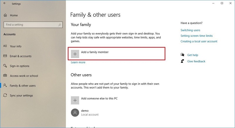 Tampilan pengaturan tambah akun di Windows10