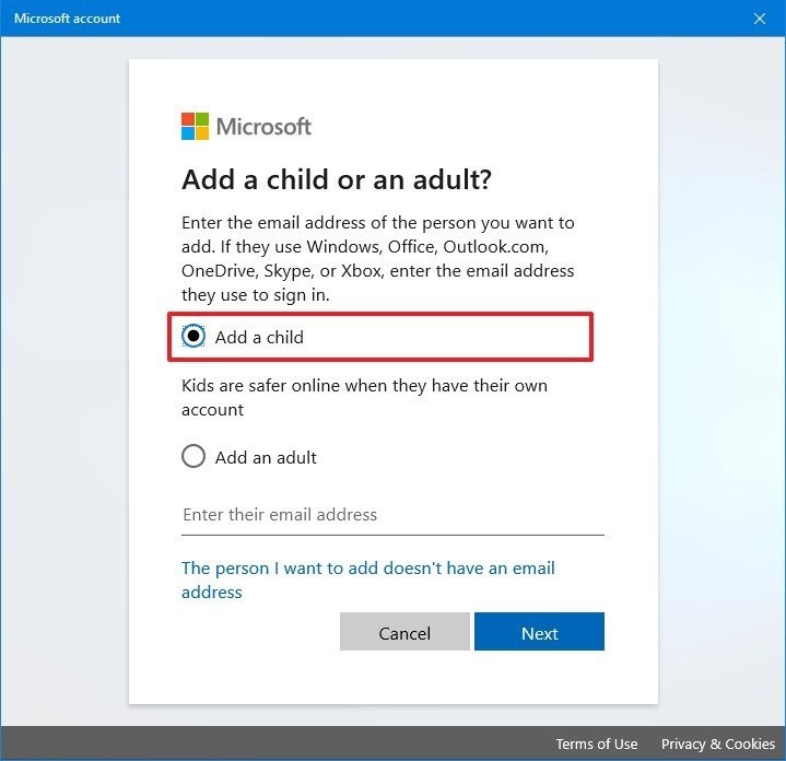 Tampilan pengaturan tambah akun anak di Windows10