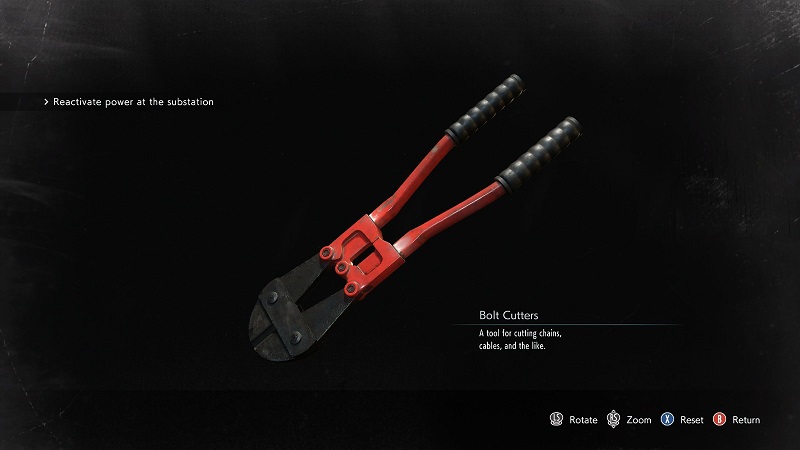 Tang pemotong atau bolt cutter yang ada di dalam ruang peralatan Resident Evil 3 Remake